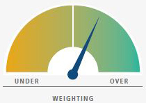 The figure shows a dial on the left-hand side representing the weighting for equities, with a moderate overweighting overall, with a needle at what would be the equivalent of 1:00 on a clockface. 
