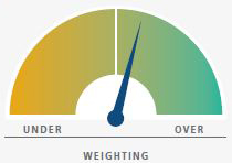 The figure shows a dial on the left-hand side representing the weighting for real assets, with a slight overweight overall, with a needle at what would be the equivalent of 12:30 on a clockface. 