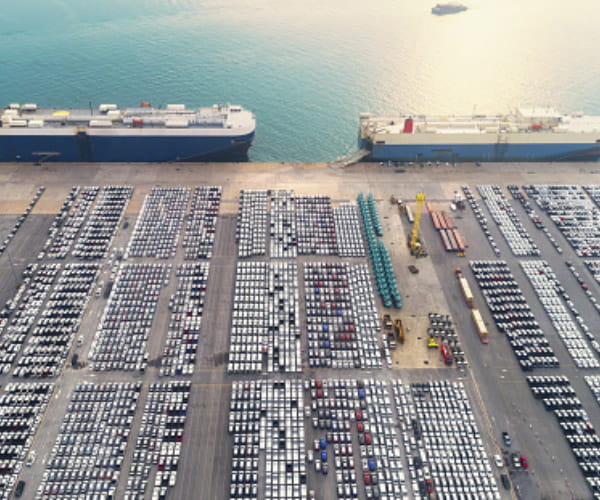 Port with 2 cargo ships in the water with rows or cars on land