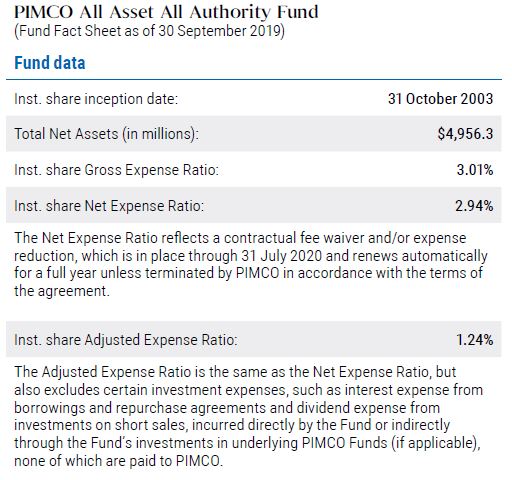 This chart shows the start date, asset size and expense ratios of PIMCO’s All Asset All Authority Fund, as detailed in tables, as of 30 September 2019