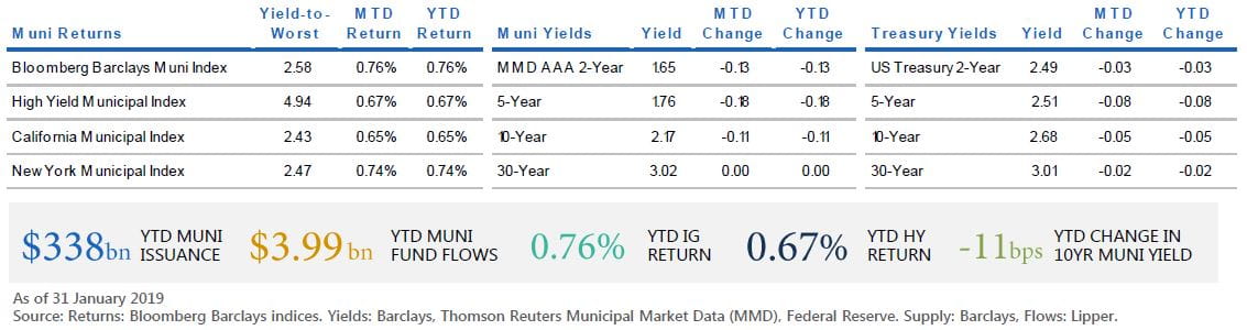 The figure is a table displaying return and yield data as of 31 January 2019 for municipal bond markets and U.S. Treasury markets in maturities of 2, 5, 10, and 30 years. It also displays 2019 year-to-date data on municipal market issuance, fund flows, and index returns. Key takeaways are discussed in text within the article.