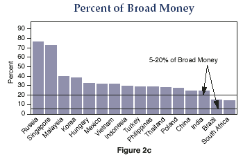 Figure 2c is a bar graph showing the percentage of broad money debt coverage for 16 countries, arranged left to right from highest to lowest. Russia is the highest, with 79% of broad money, followed by Singapore, which has 75%. Next are Malaysia, with 41%, and Korea, with 40%. Ten countries range between 25% and 34%. South Africa is lowest, with 14%. Brazil has, 16%. Two horizontal lines across the chart mark a suggested threshold range of 5% to 20% of broad money, with Brazil and South Africa falling within it.