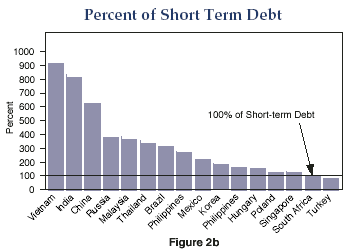Figure 2b is a bar graph showing the percent of short-term debt for 16 countries as of 2007, arranged left to right from highest to lowest. Vietnam is to the far left, with 916% of short-term debt, followed by India, at 809%, and China, at 630%. Turkey is to the far right, with the lowest amount, at 85%. South Africa, to its left, has 104%. Eleven other countries range between just above 128% to 379%. A horizontal line across the chart indicates the suggested threshold at the 100% level.