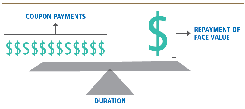 The chart is of a balanced scale with coupon payments on the left and bond repayment face value on the right with duration as center fulcrum.