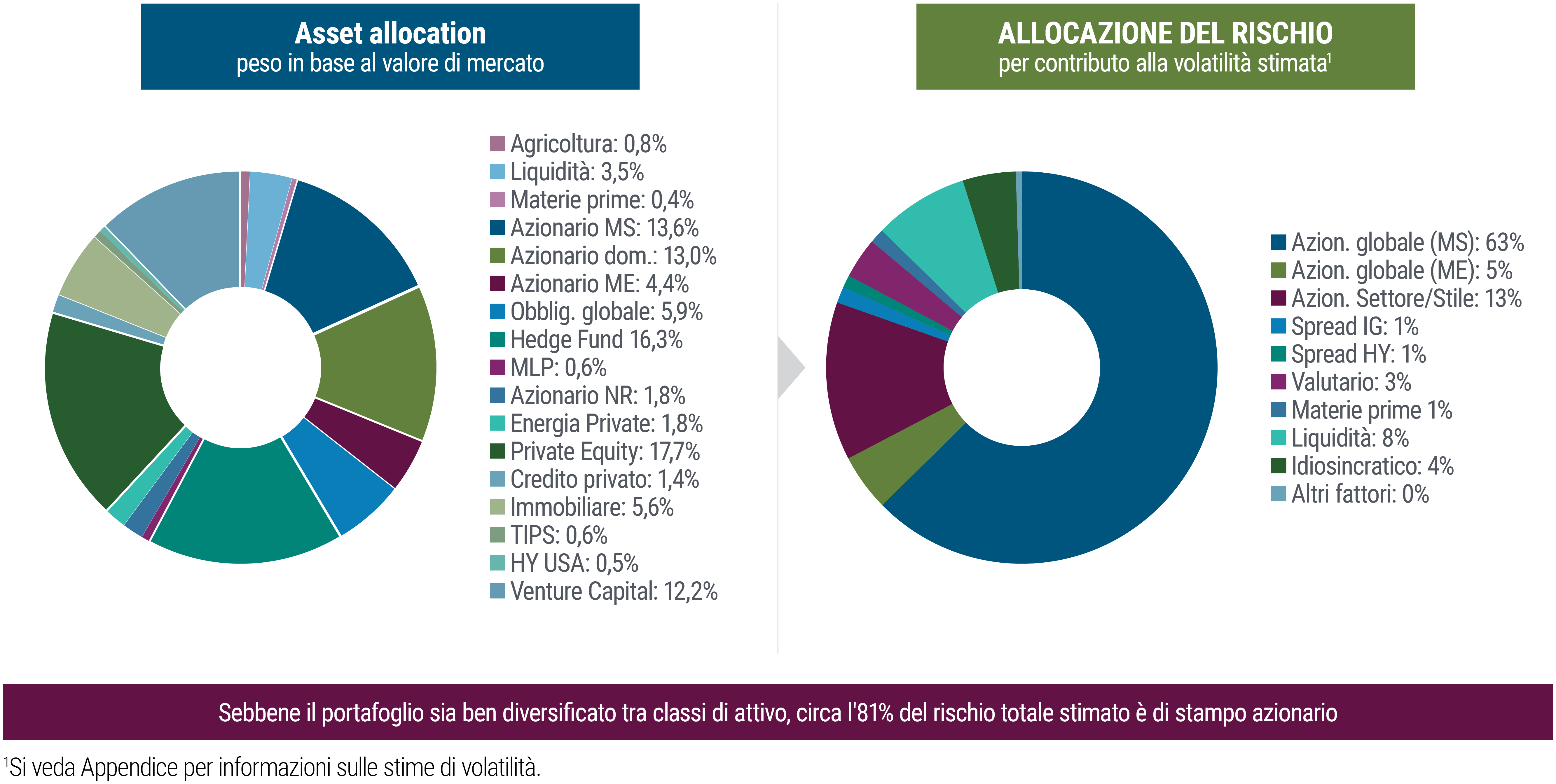 La figura mostra due grafici a torta: uno illustra l’allocazione a livello di classi di attivo e l’altro l’esposizione ai fattori di rischio. Il grafico a sinistra riporta le allocazioni alle varie classi di attivo con pesi basati sul valore di mercato. Sono riportate le percentuali di 17 diverse classi di attivo, indicate con vari colori nel grafico. Con una percentuale del 17,7% il private equity rappresenta la porzione più grande, seguito da hedge fund con il 16,3%, azionario dei mercati sviluppati con il 13,6%, azionario domestico con il 13% e venture capital con il 12,2%. Tra la restante dozzina di categorie di attivi, le tre con la quota più piccola, intorno allo 0,5%, sono: le obbligazioni del Tesoro americano indicizzate all’inflazione (TIPS), le obbligazioni high yield americane e le master limited partnership. La quota della liquidità è pari al 3,5%. Il grafico a destra illustra l’esposizione ai rischi in termini di contributo alla volatilità stimata e si vede chiaramente che lo stesso portafoglio del grafico accanto in realtà presenta una forte concentrazione di esposizione al rischio azionario. L’esposizione al rischio azionario globale dei mercati sviluppati occupa la porzione più grande del grafico con un'allocazione del 63%, seguita dall’esposizione a settori/stili azionari con il 13%. L’esposizione al fattore liquidità è dell’8% e quella al rischio azionario dei mercati emergenti è pari al 5%. Le percentuali di altre categorie di esposizione sono comprese tra 0% e 4%.