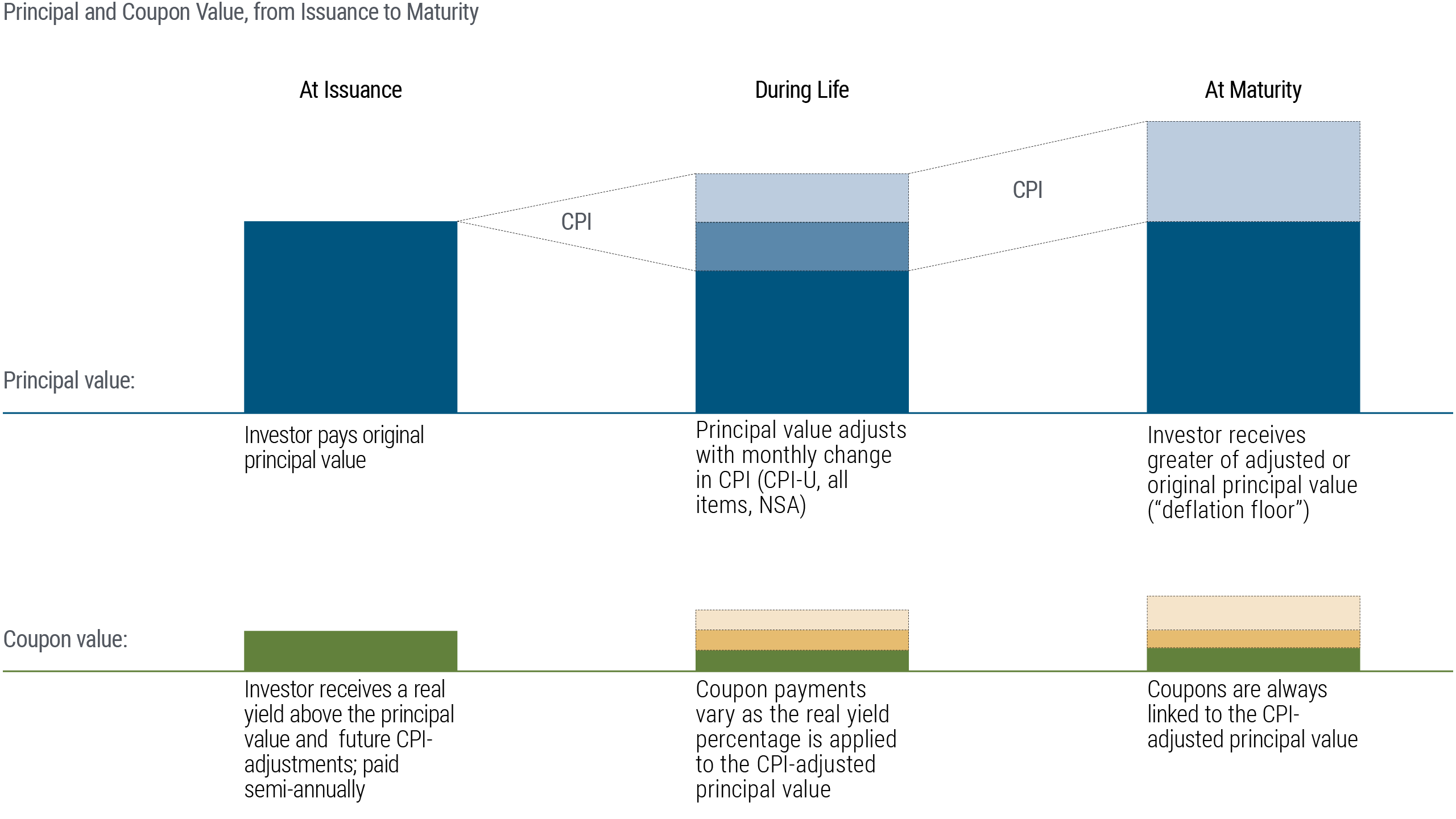 This graphic explains how Inflation-Linked Bonds (ILBs) can grow in value over time, focusing on the principal value and coupon value at different stages: at issuance, during life, and at maturity.   The graphic uses a combination of colored bars and gray lines to represent changes in principal and coupon values across the lifetime of the securities, with CPI adjustments illustrated as shaded areas above the initial principal.   The upper part of the graphic depicts lifetime changes in principal value, while the lower part of the graphic depicts lifetime changes in coupon value.   1. Lifetime of principal value:  - At Issuance: Investor pays original principal value.  - During Life: Principal value adjusts with monthly change in CPI (CPI-U, all items, NSA).  - At Maturity: Investor receives the greater of the adjusted or original principal value (referred to as the "deflation floor").  2. Lifetime of coupon value:  - At Issuance: Investor receives a real yield above the principal value and future CPI adjustments; paid semi-annually.  - During Life: Coupon payments vary as the real yield percentage is applied to the CPI-adjusted principal value.  - At Maturity: Coupons are always linked to the CPI-adjusted principal value.  The source of the data is PIMCO, and the graphic is labeled for illustrative purposes only.   Regarding acronyms:   NSA stands for non-seasonally adjusted.   CPI is an abbreviation for Consumer Price Index, a common and universally-respected inflation measure.